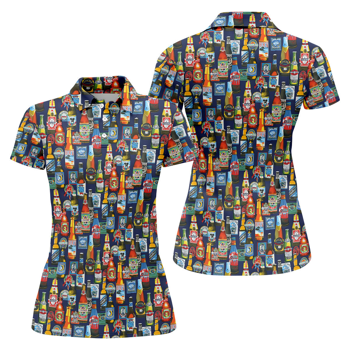 Beer Bottle Labels Navy Golf Shirt, Fun Women's Golf Shirts, Women's Golf Tops, Ladies Golf Shirt