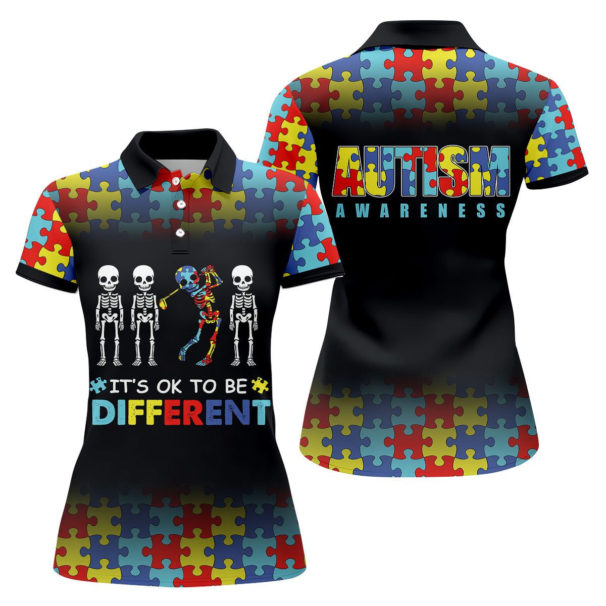It's Ok To Be Different Women Polo Shirt, Autism Awareness Puzzle Pattern Black Fade Golf Shirts For Women, Autism Golf Shirt