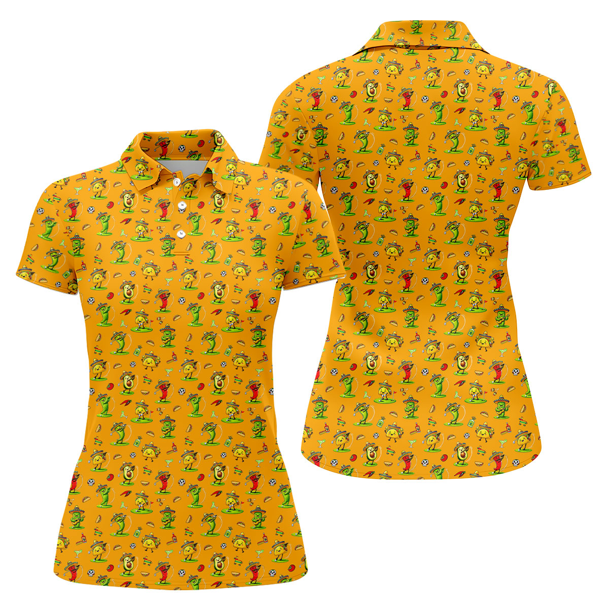 Mexican Cartoon Food Characters Cinco De Mayo Celebration Fiesta Themed Yellow Golf Shirt For Women