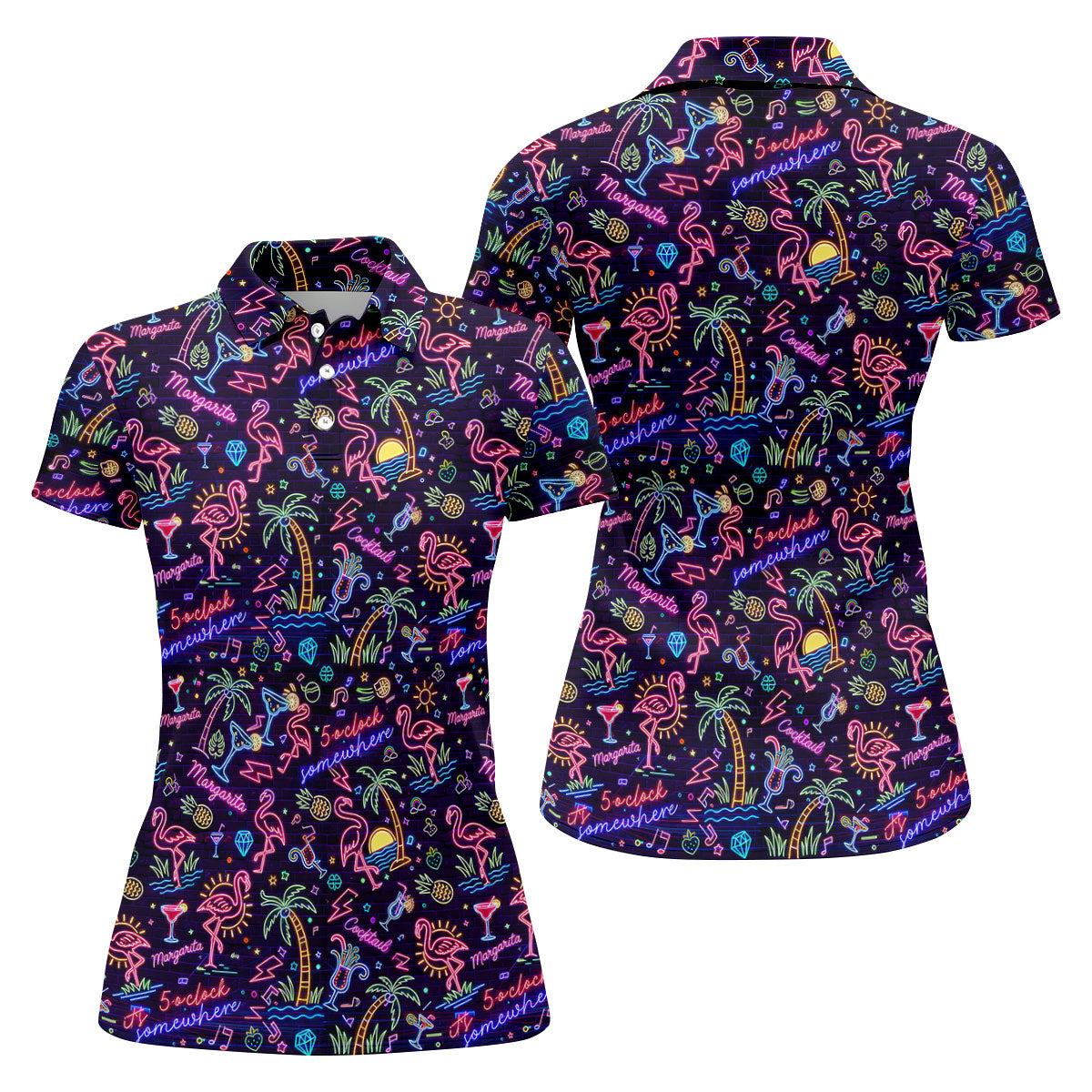 Tropical Theme Neon Pattern Black Golf Shirt, Women's Golf Tops, Golf Shirt For Women, Ladies Golf Shirts