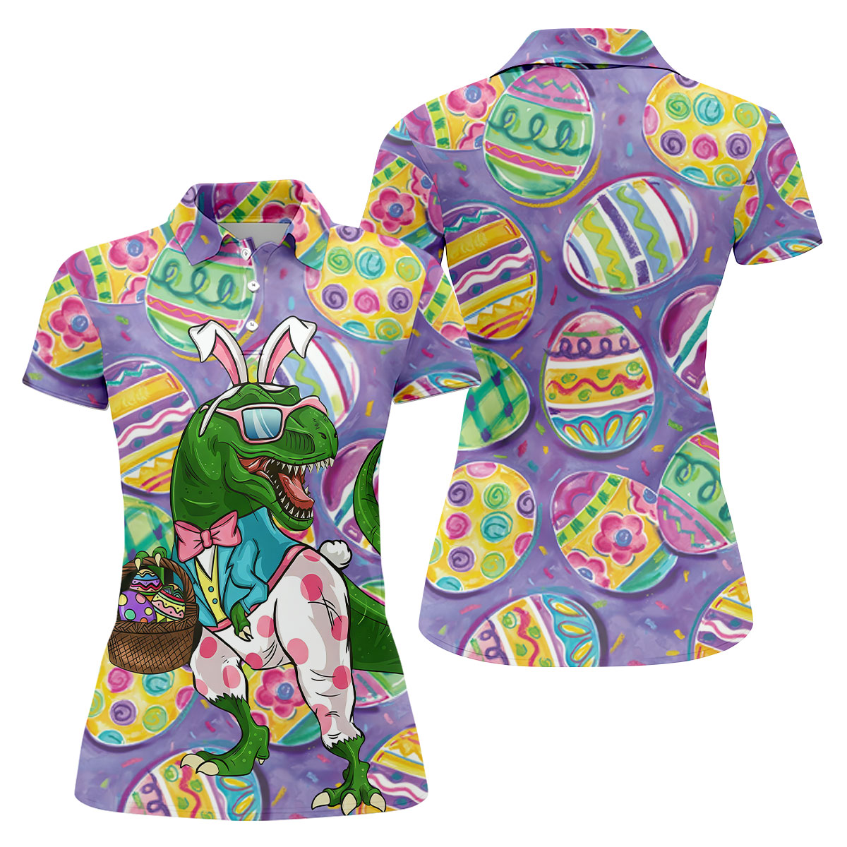 T-Rex Bunny Painted Easter Eggs Women Golf Top, Fun Women's Golf Shirts, Ladies Golf Shirts