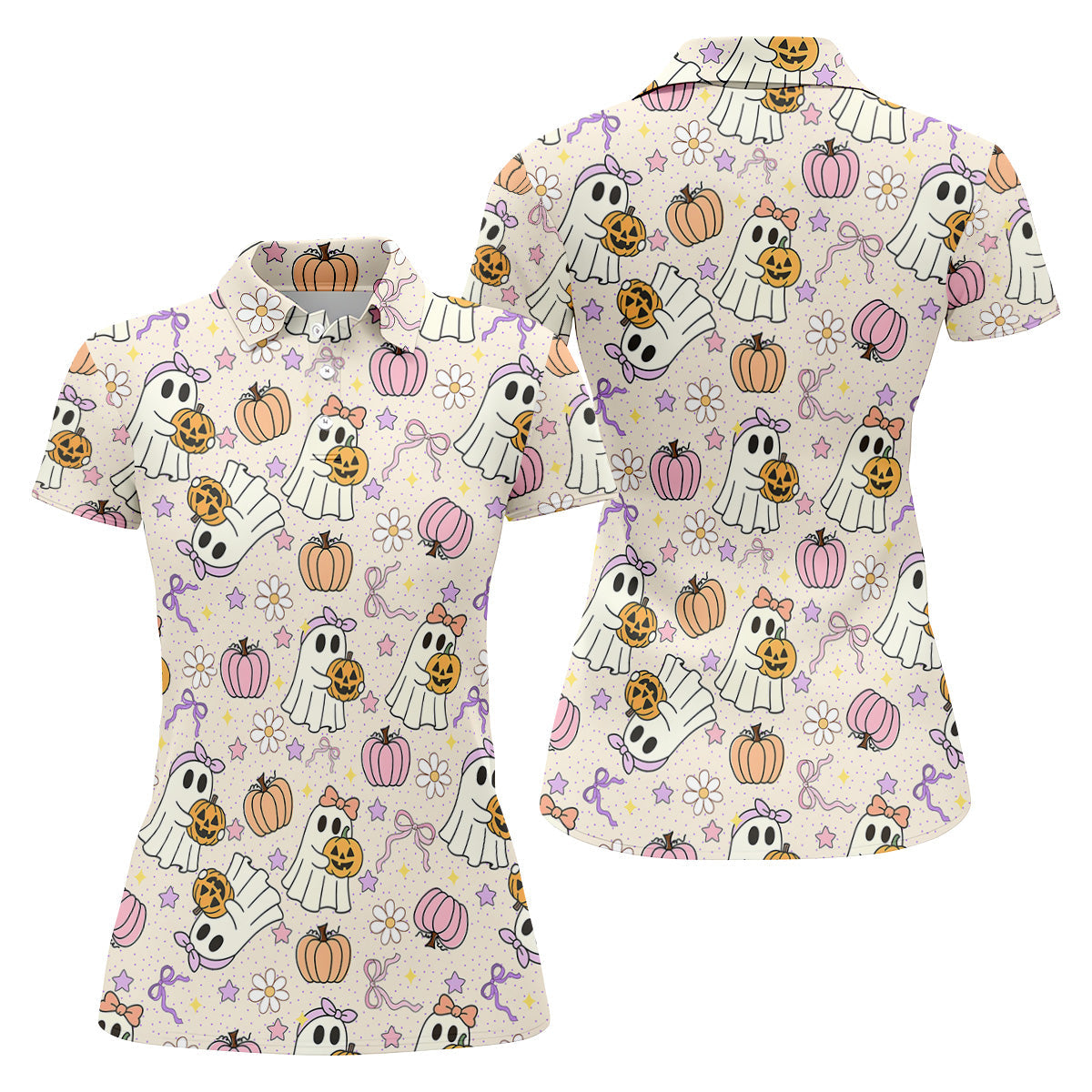 Halloween Seamless Pattern Cute Golf Shirt, Retro Halloween Ladies Golf Tops, Golf Gifts For Women