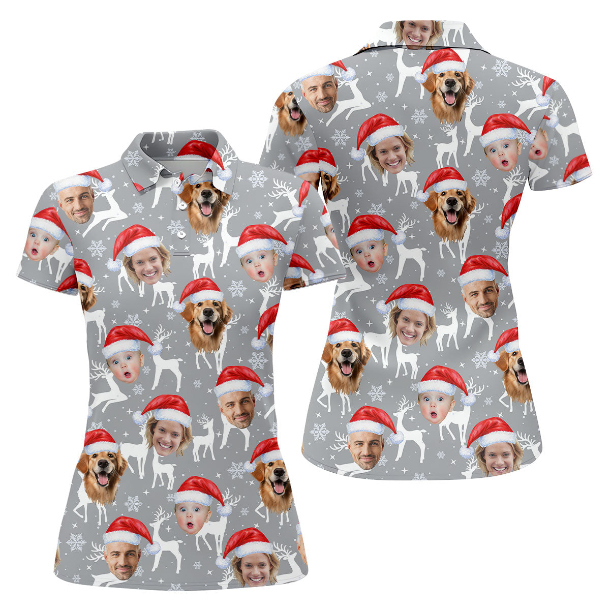 Custom Face Snow Reindeer Grey Golf Shirt, Christmas Golf Shirt, Ladies Golf Shirts, Golf Gifts For Women