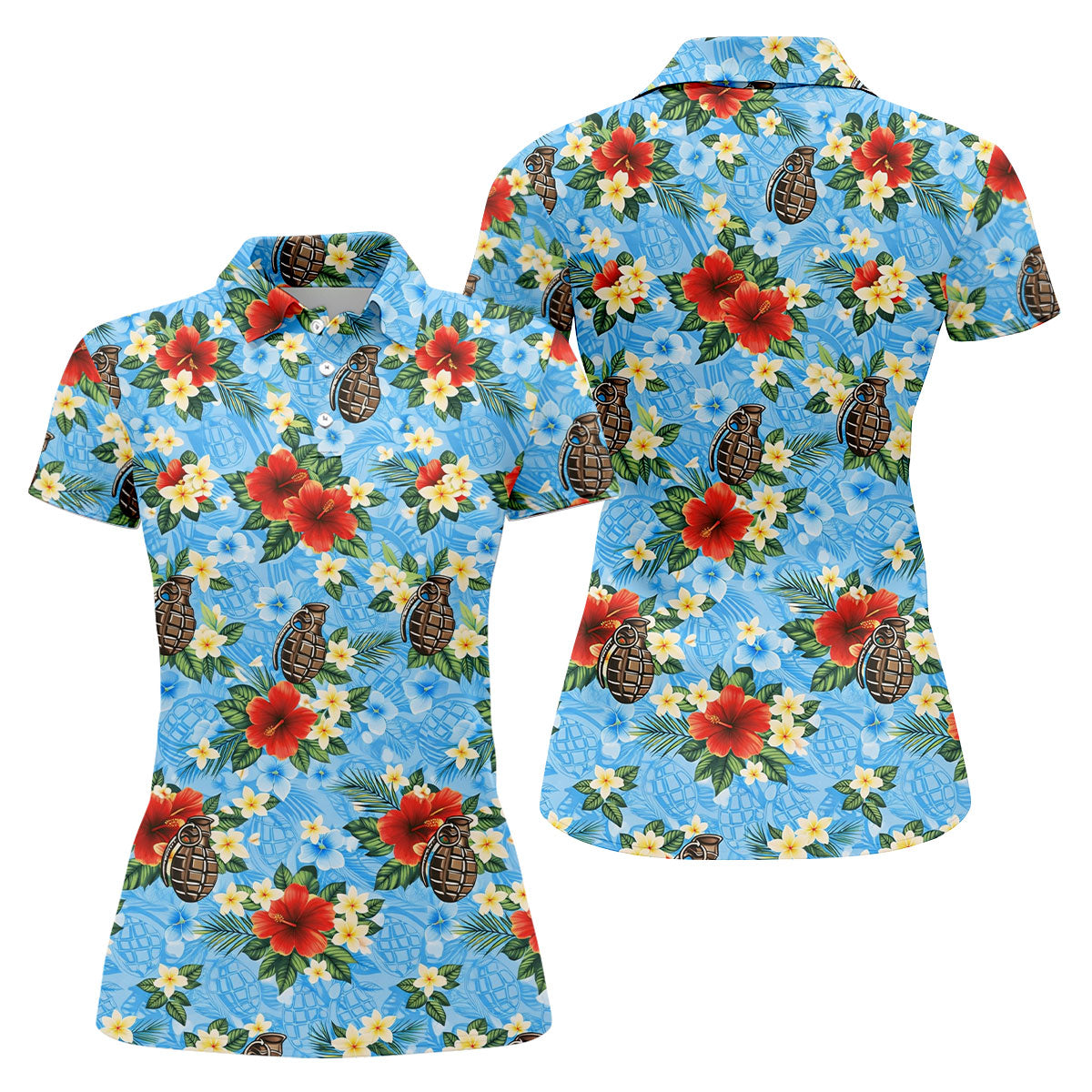 Floral Pattern Army Theme Hawaiian Blue Golf Shirt, Women's Golf Tops, Ladies Golf Shirts