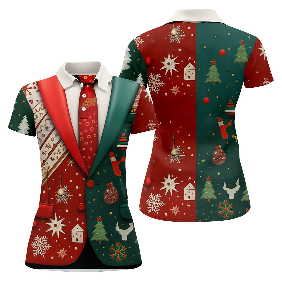 Red And Green Xmas Vintage Prints Women Golf Top, Christmas Golf Shirt, Ladies Golf Tops
