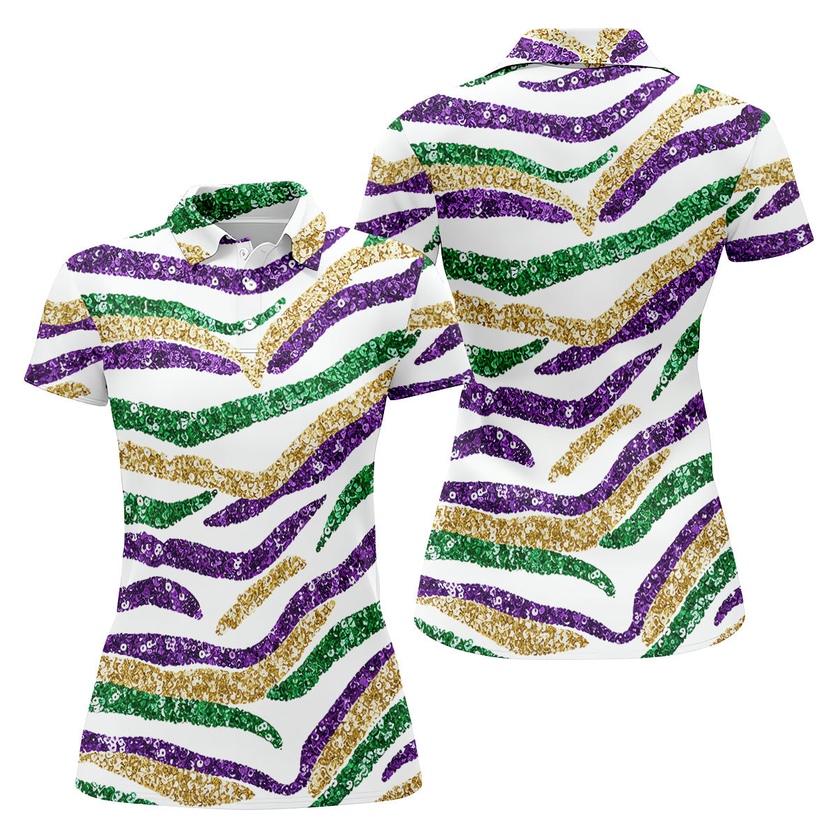 Purple Green Gold Sequin Pattern White Mardi Gras Golf Shirt, Women's Golf Tops, Ladies Golf Shirts