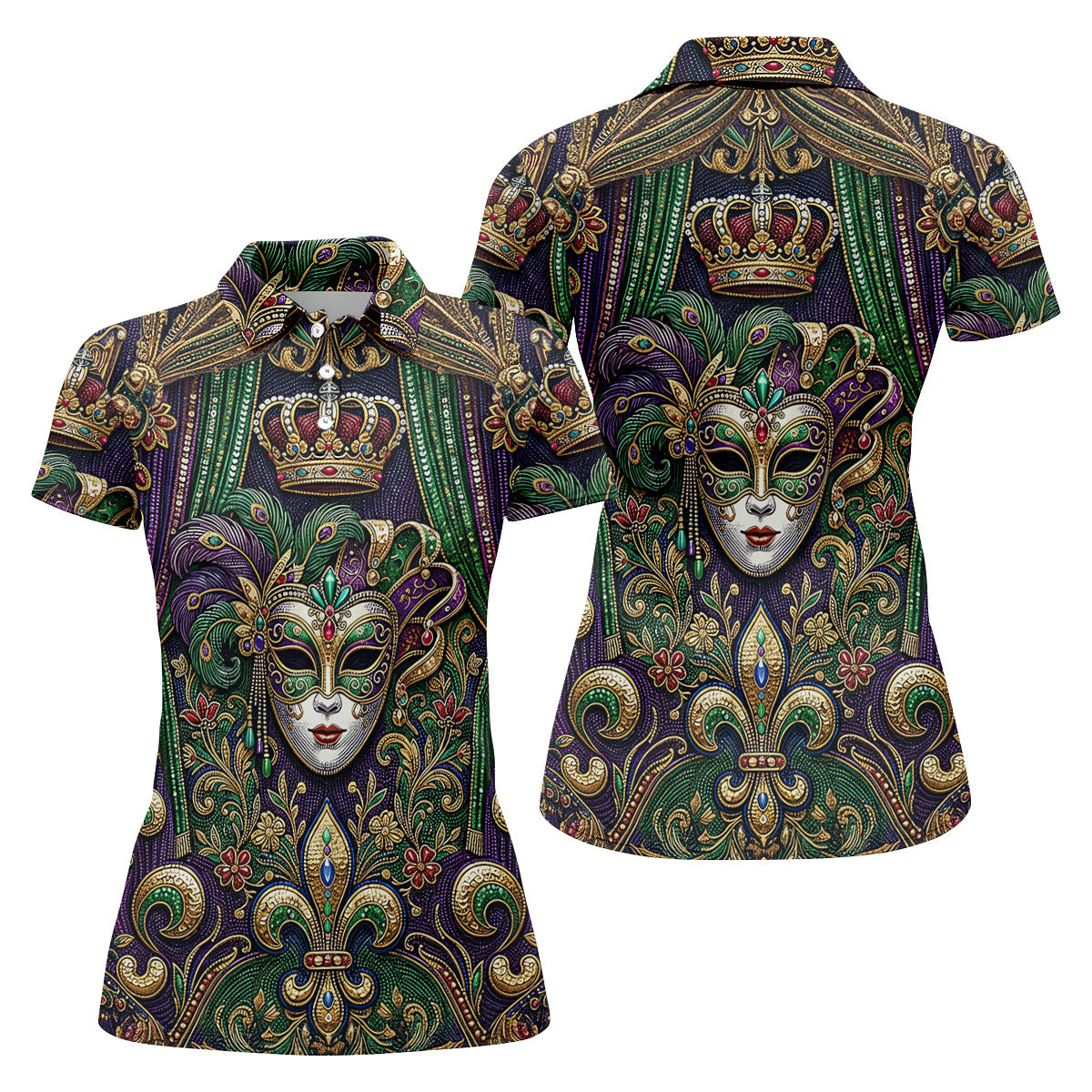 Fleur De Lis Floral Crown Mardi Gras Mask Print Women's Golf Tops, Ladies Golf Shirts, Ladies Golf Polos