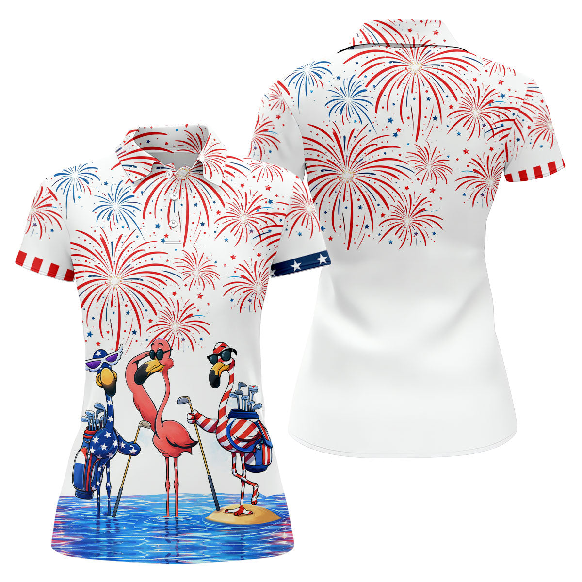Funny Flamingo American Flag Pattern White Golf Shirt, 250th Anniversary Patriotic Golf Shirt, Women's Polo Shirt
