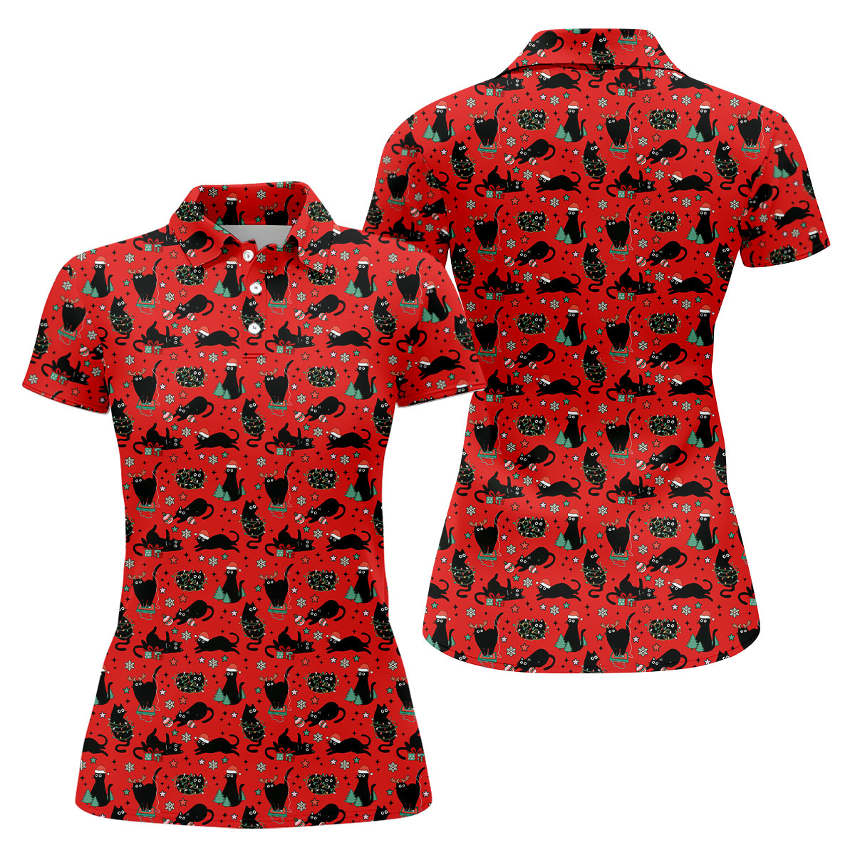 Xmas Black Cat Ladies Golf Tops, Red Golf Shirt, Golf Gifts For Women, Christmas Golf Shirt
