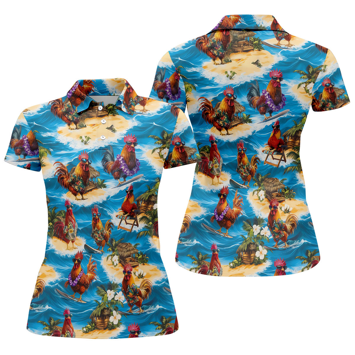 Cool Rooster Beach Vacation Hawaiian Golf Shirt, Golf Polo For Women, Printed Golf Shirt