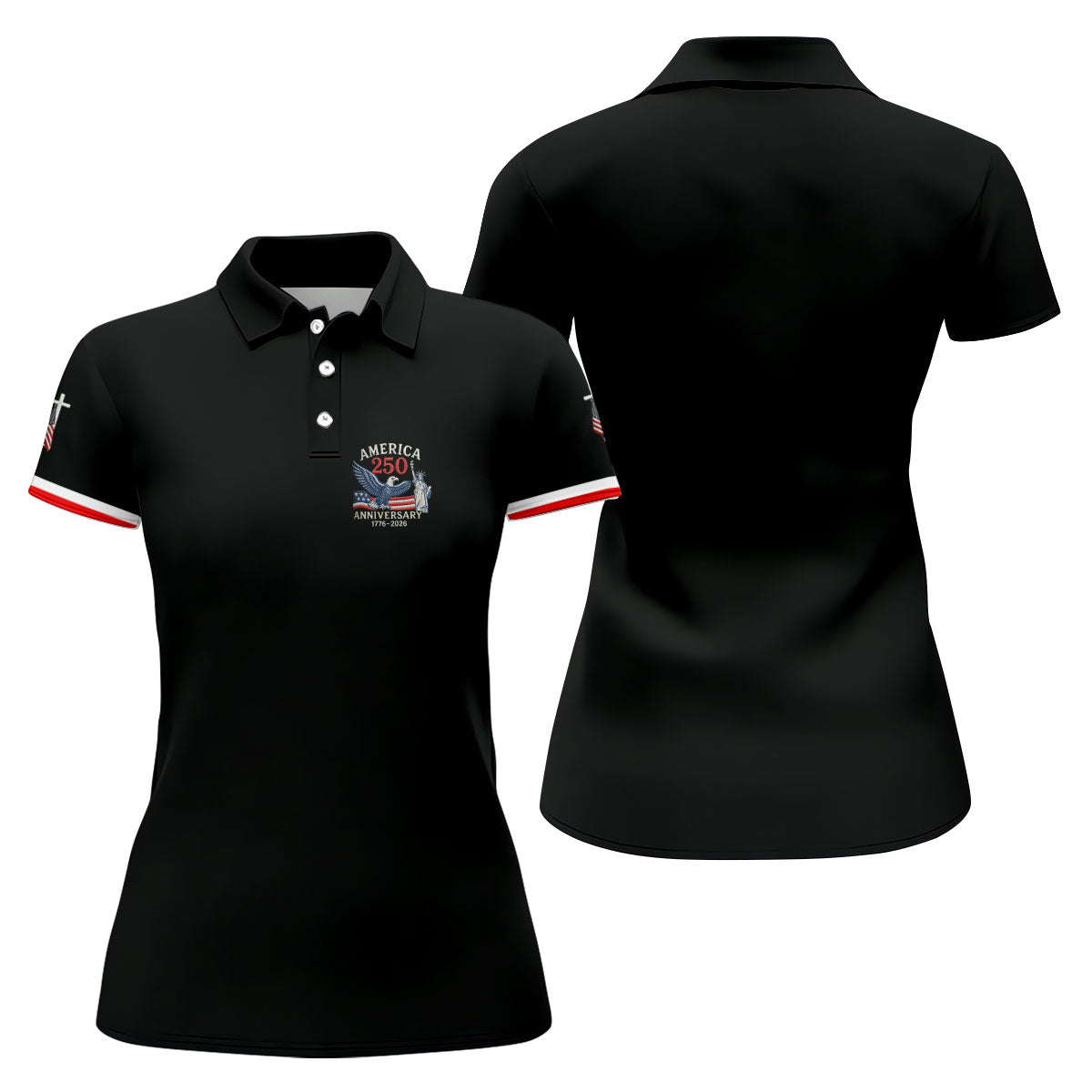 America 250 Anniversary 1776-2026 Faith Cross Bald Eagle Logo Golf Shirt For Women, Patriotic 4th Of July Golf Shirt