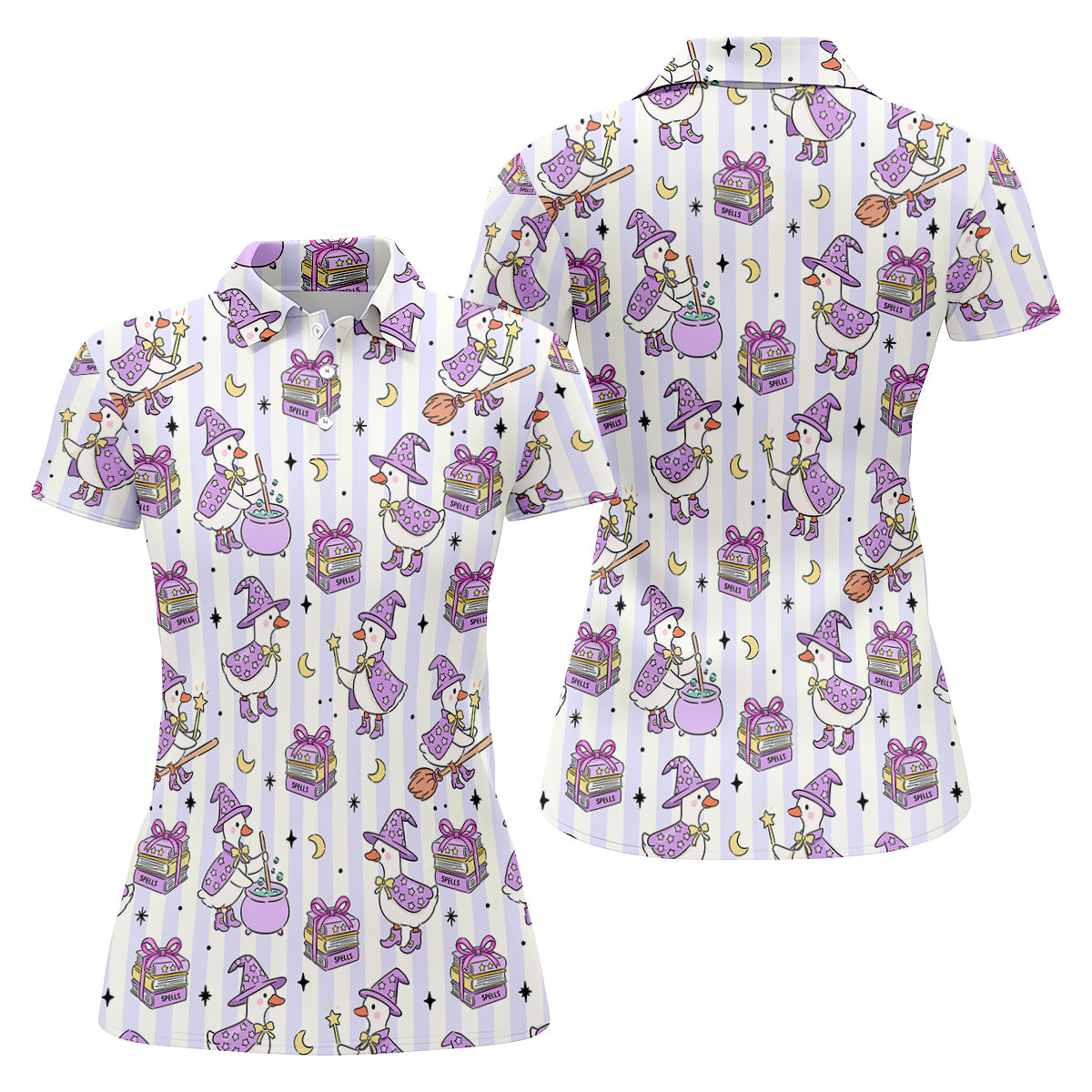 Halloween Witch Goose Purple Pastel Fun Women's Golf Shirts, Cute Golf Outfit, Ladies Golf Polos