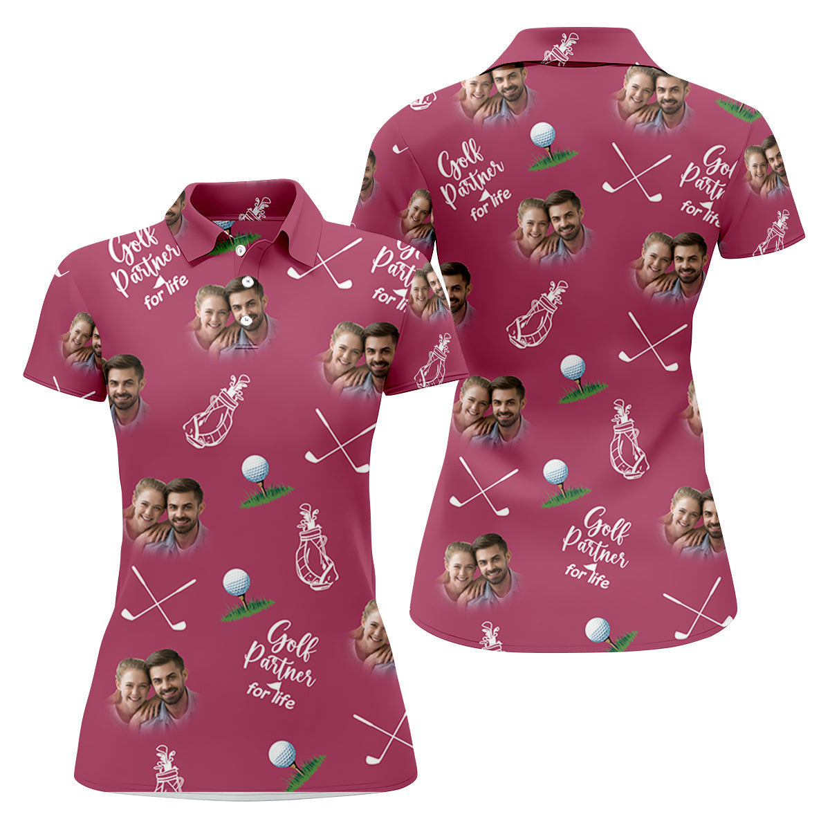 Golf Partner For Life Custom Photo Pink Purple Women Golf Top, Valentines Golf Gift, Ladies Golf Polos
