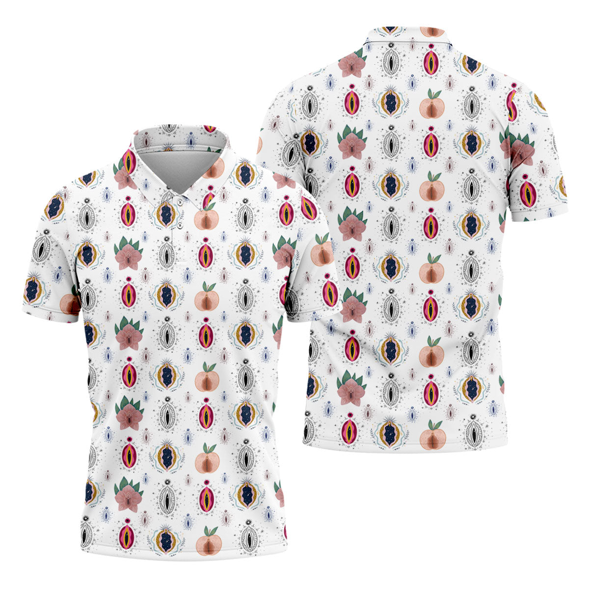 Abstract Peach Botanical Pattern Golf Shirt, Mens Golf Polo, Golf Apparel For Men