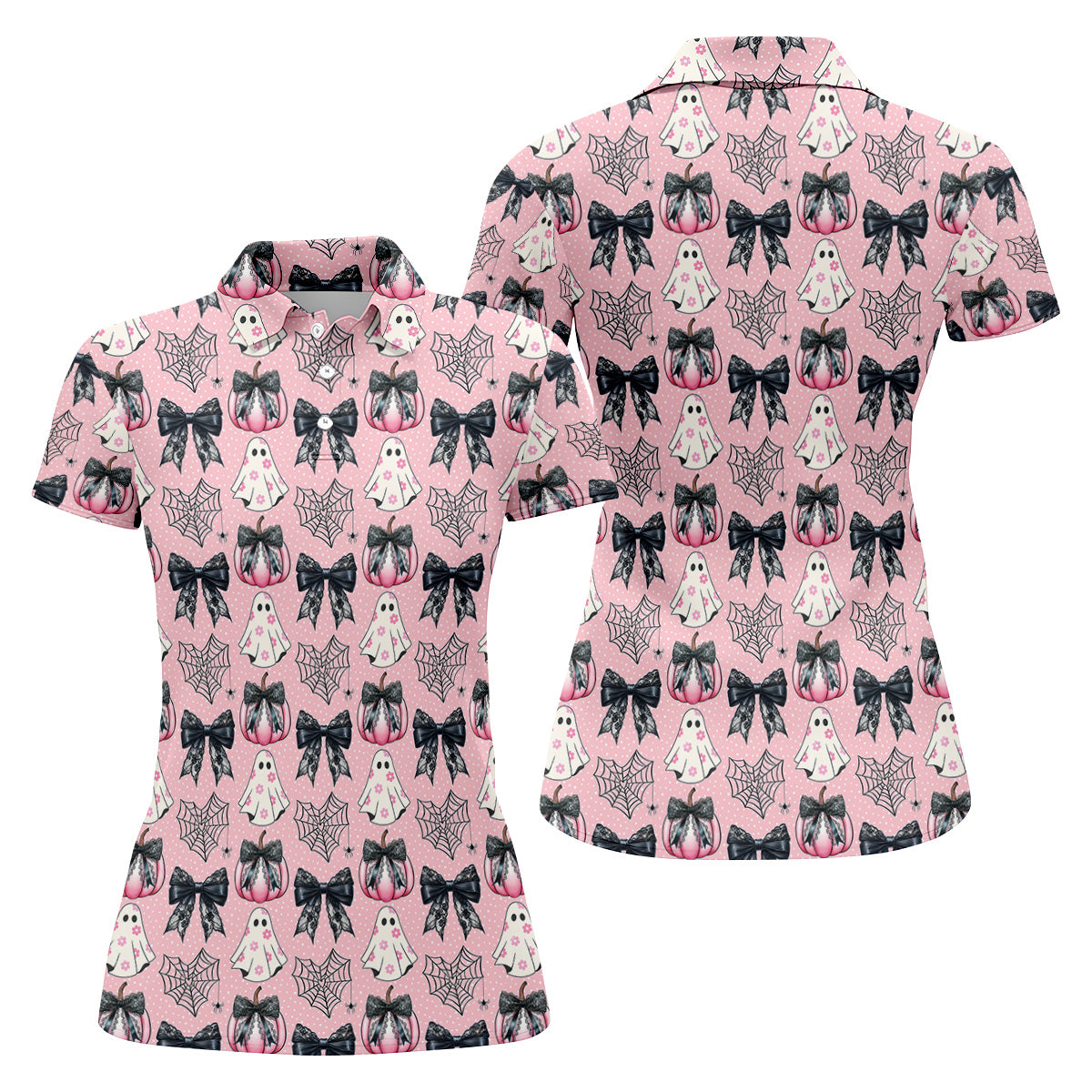 Coquette Pumpkin Boo Pink And Black Cute Golf Outfit, Fun Women's Golf Shirts, Ladies Golf Polos