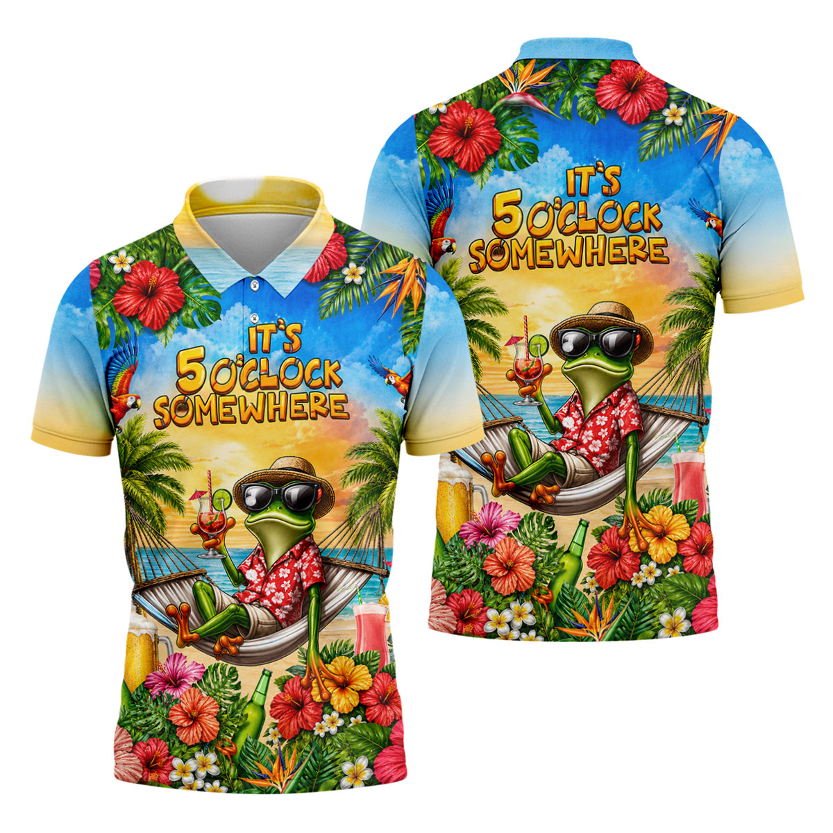 Funny Tropical Frog Drinking Hawaiian Golf Shirt, Mens Golf Polo, Printed Golf Shirts