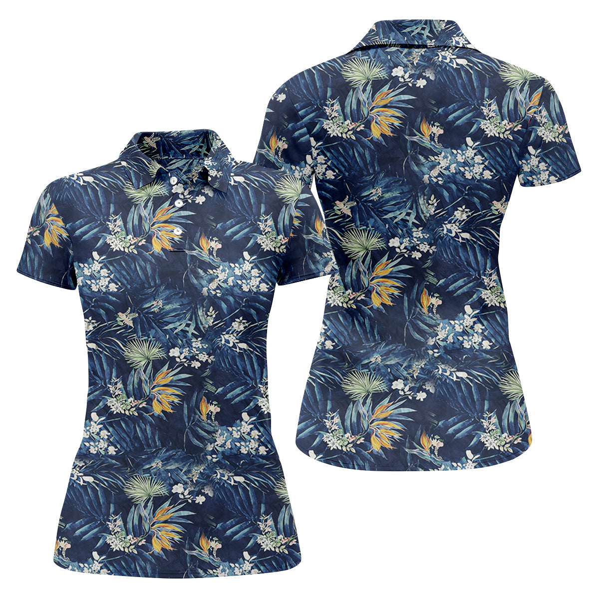 Navy Palm Tropical Hawaiian Vibe Women's Golf Shirts, Women's Golf Tops, Ladies Golf Shirts