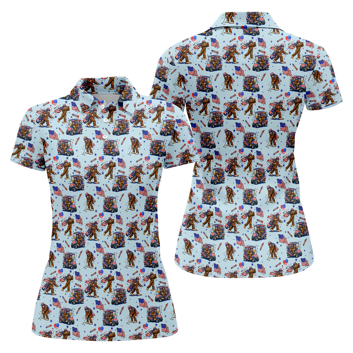 Funny Bigfoot 4th Of July American Flag Pattern Light Blue Women Golf Top, 250th Anniversary Patriotic Golf Shirt