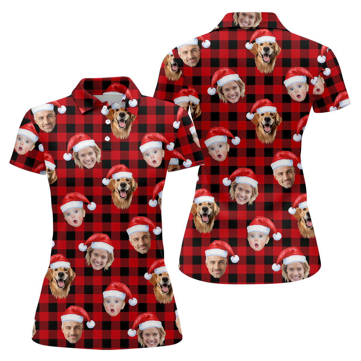 Custom Face Black And Red Checkered Christmas Golf Shirt, Ladies Golf Tops, Golf Gifts For Women
