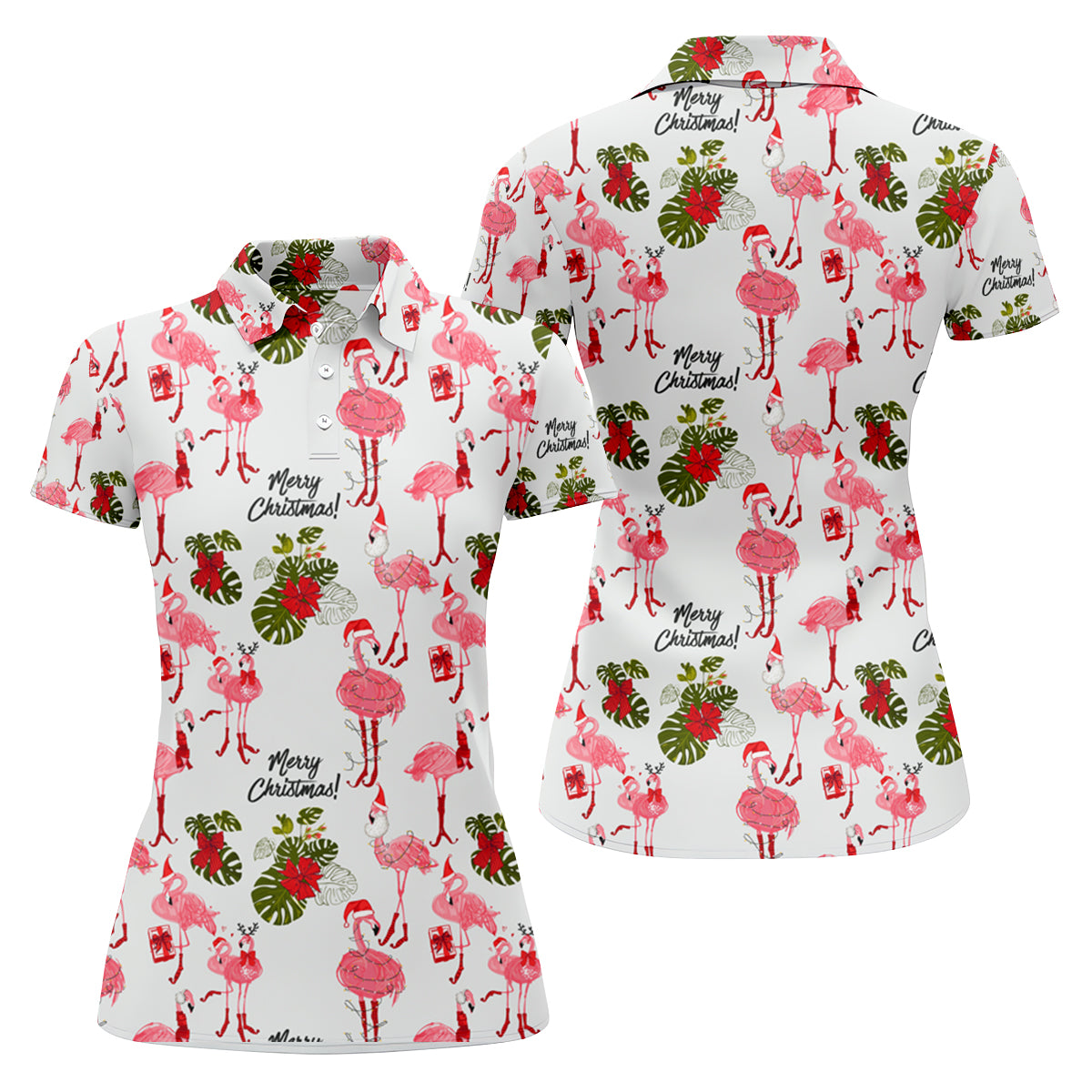 Flamingo Merry Christmas Golf Shirt For Women, Christmas Golf Shirt Polos, Ladies Golf Apparel