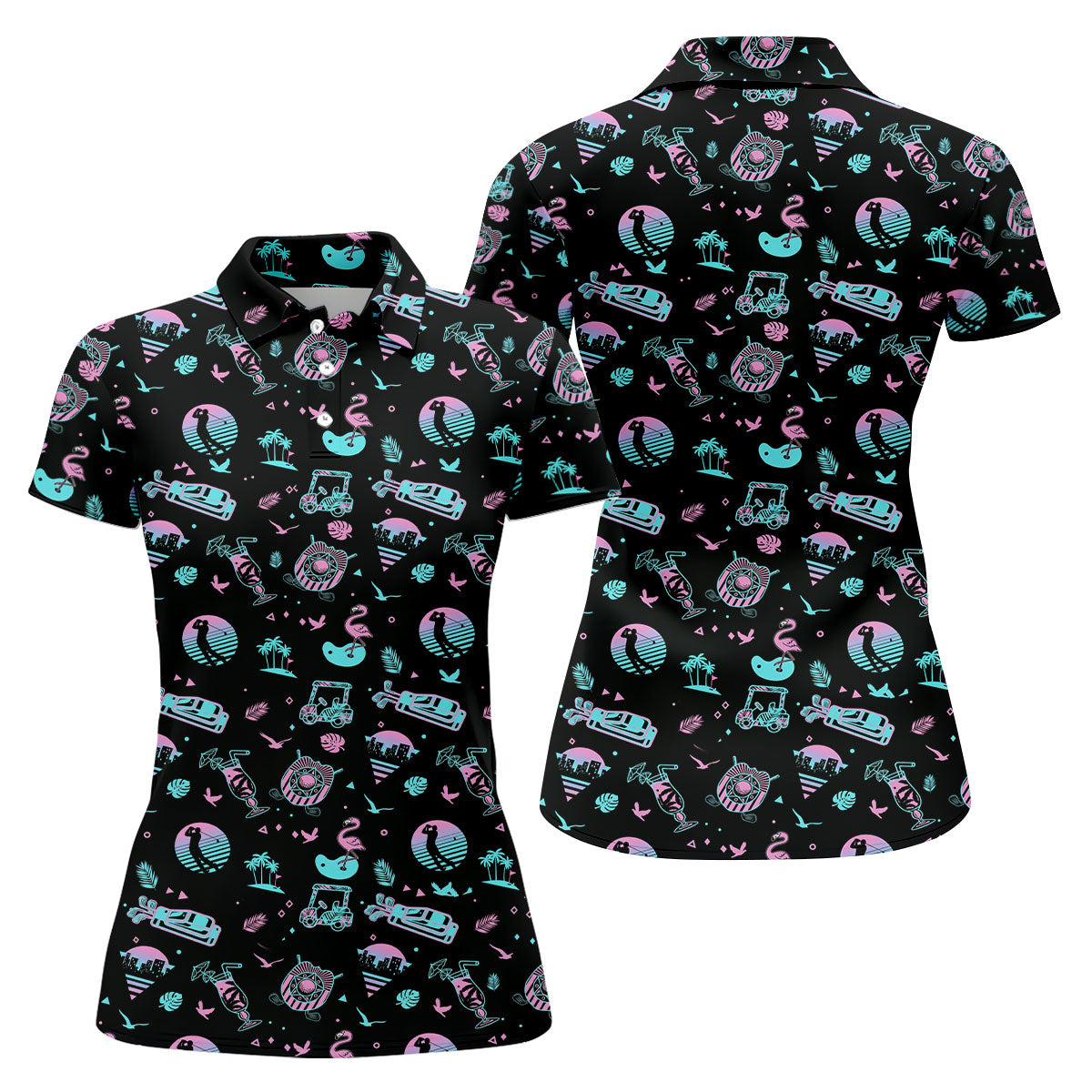 Flamingo Tropical Gradient Colors Retro Golf Shirt, Women's Golf Tops, Ladies Golf Shirt