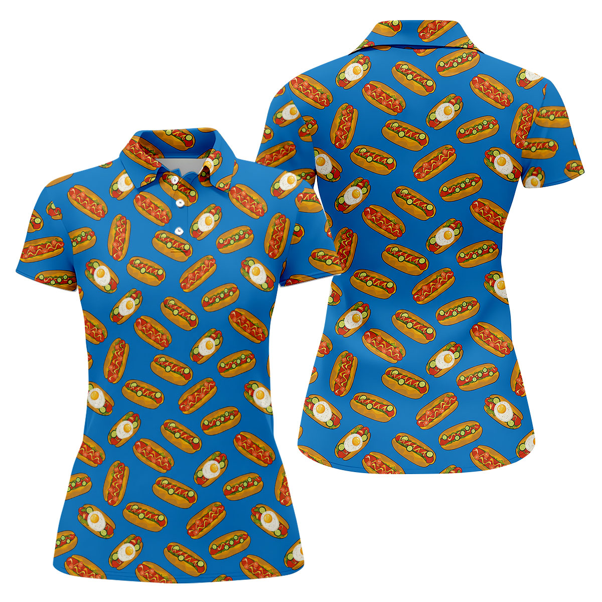 Blue Hot Dog And Fried Egg Pattern Golf Shirt, Hawaiian Golf Shirt, Golf Tops For Women, Printed Golf Shirt