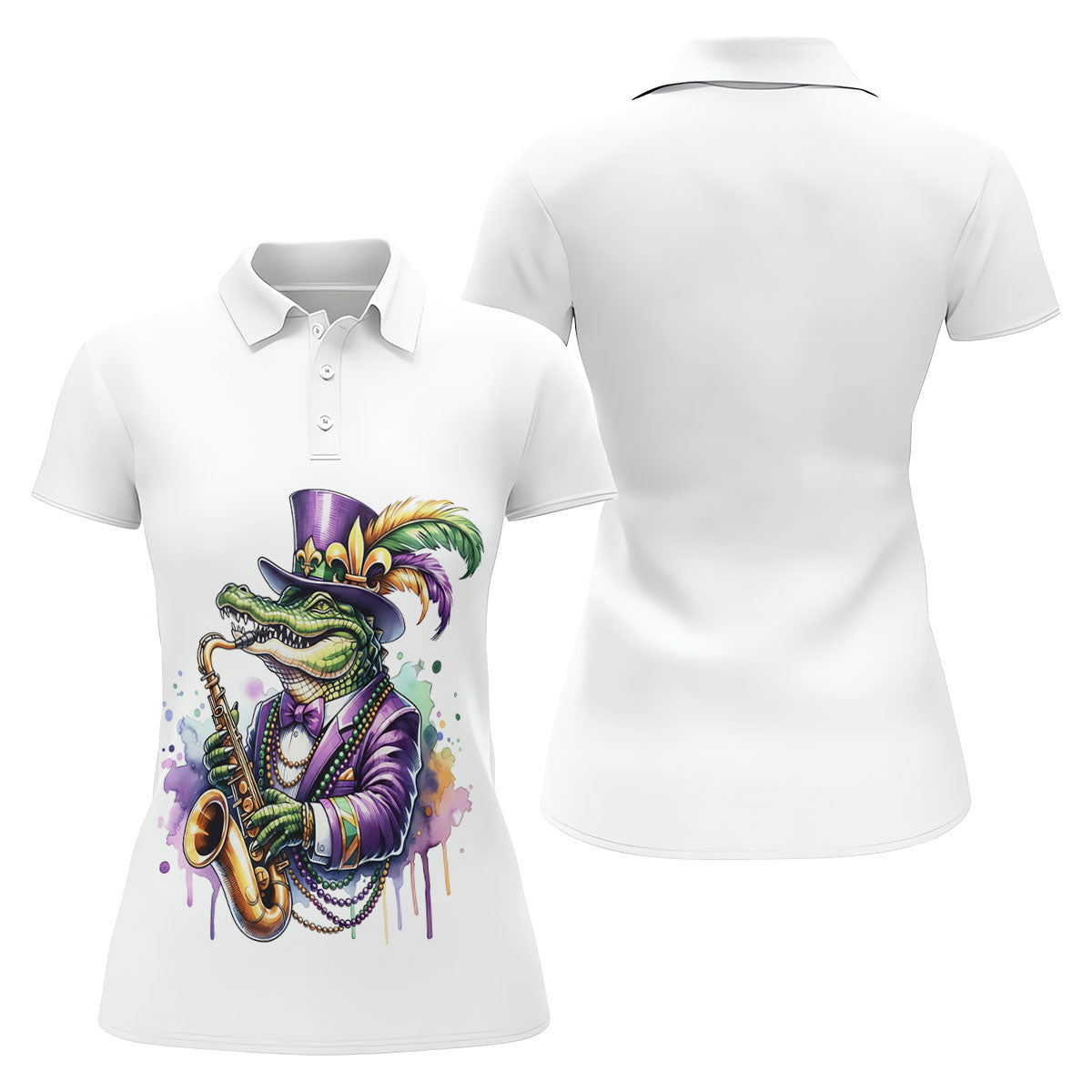 Mardi Gras Alligator Playing Saxophone White Golf Shirt, Women's Golf Tops, Ladies Golf Shirt