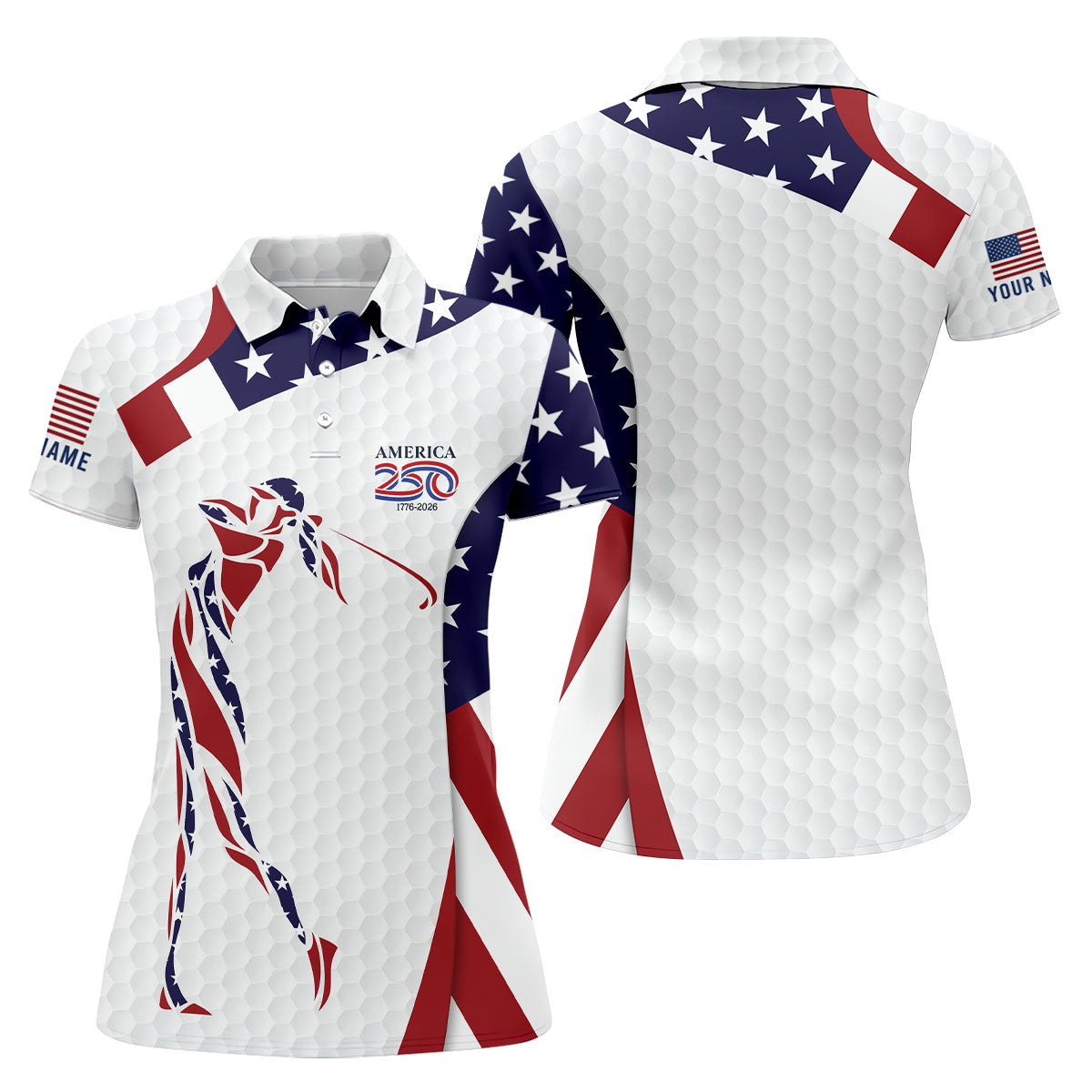 America 250 Golfer Pose Golf Ball Pattern 4th Of July Golf Shirt, Patriotic Golf Shirt, Golf Shirt For Women
