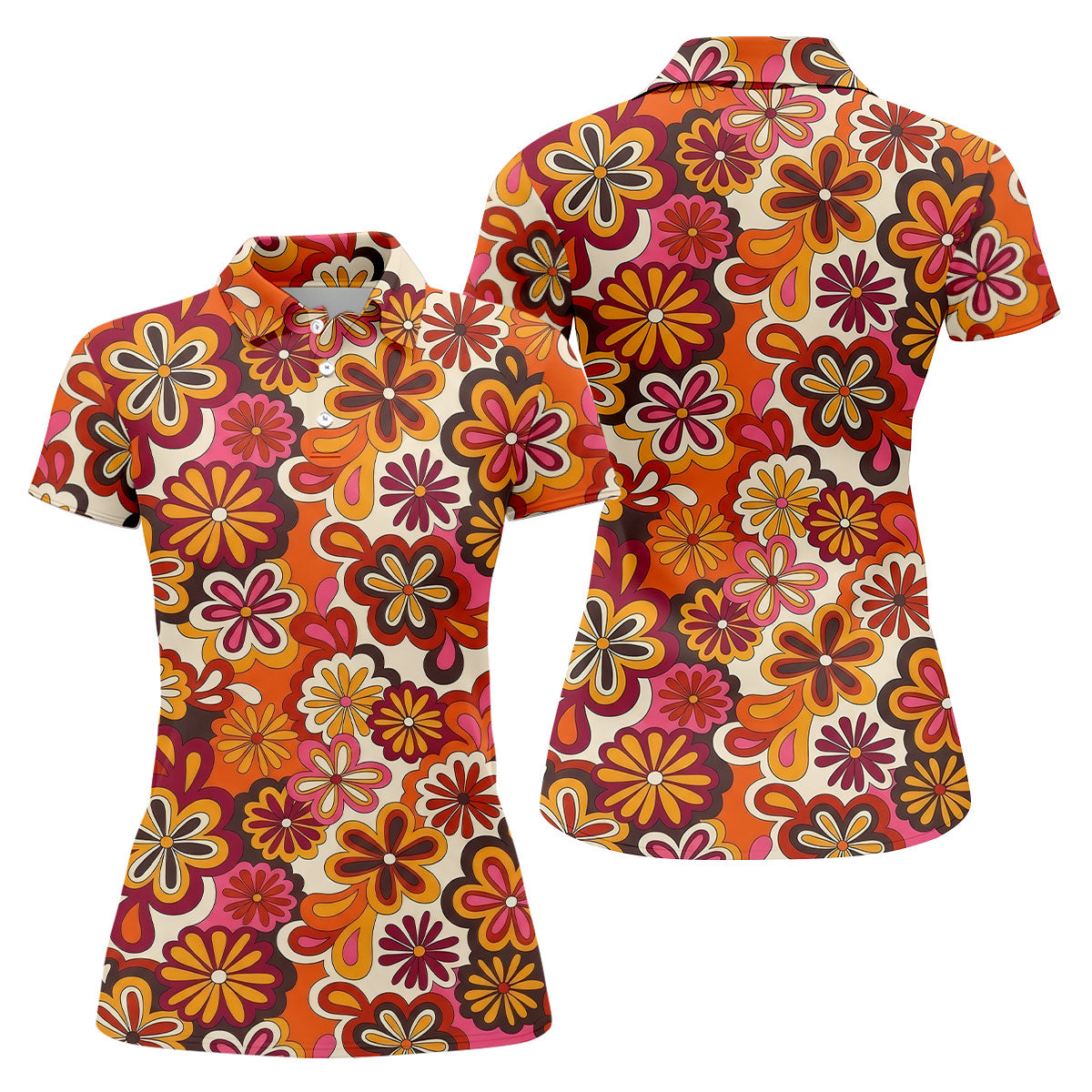 Retro Floral Pattern 70s Color Ladies Golf Tops, Retro Golf Shirt, Women's Golf Tops, Ladies Golf Shirt