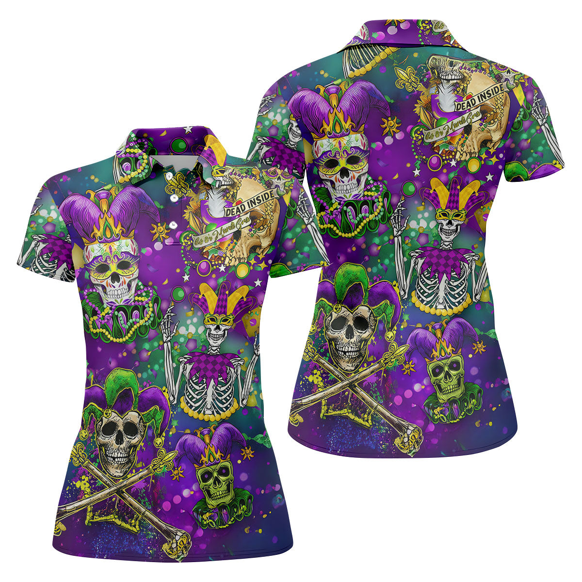 Dead Inside Mardi Gras Festival Skull Purple Green Gold Women's Golf Tops, Ladies Golf Polos