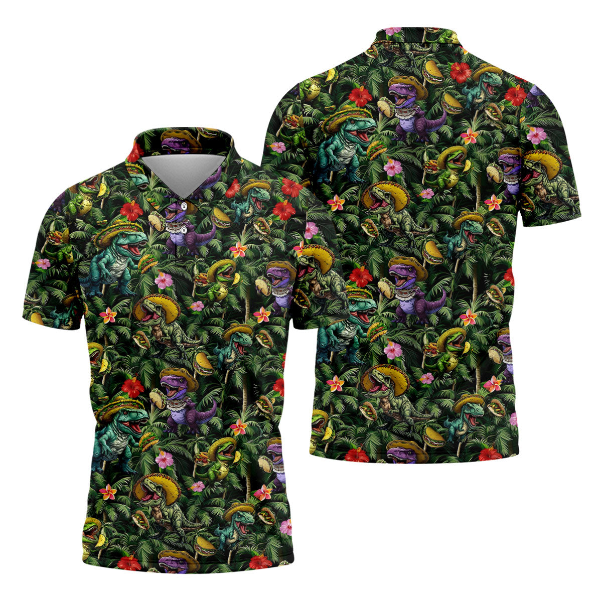 Hawaiian Dinosaur Sombreros Tacos Fun Golf Shirt, Cinco De Mayo Celebration Golf Shirts For Men