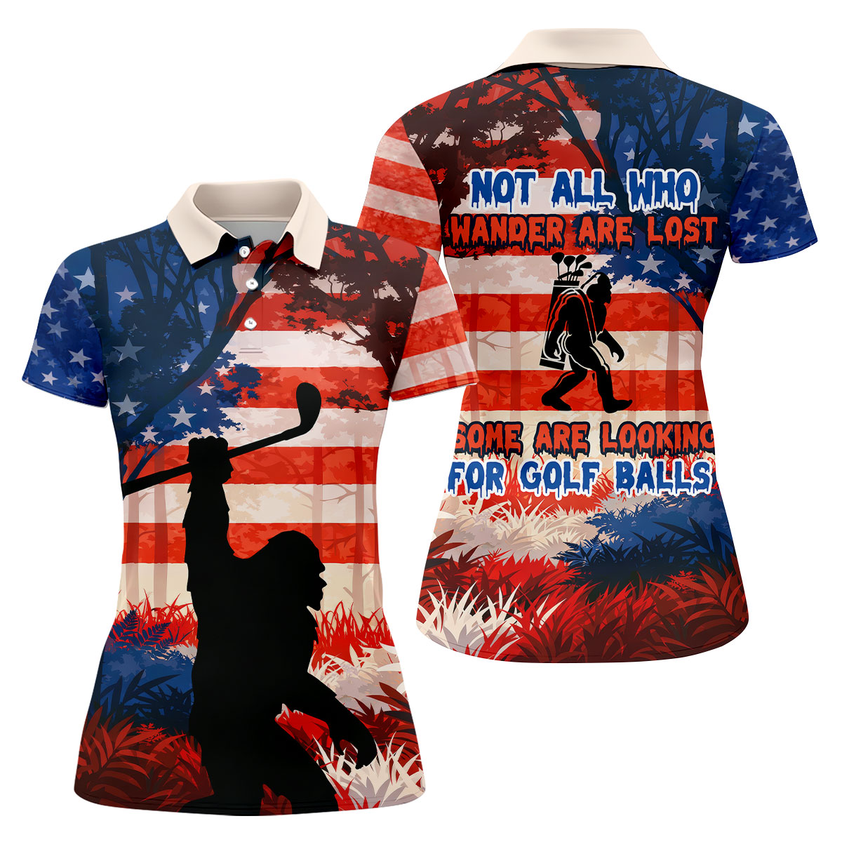 Not All Who Wander Are Lost Funny Bigfoot Golf Shirt For Women, 250th Patriotic Golf Shirt, Ladies Golf Shirts