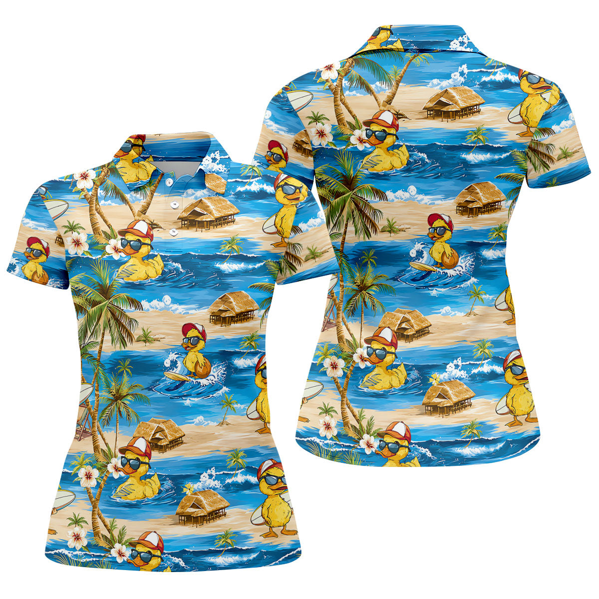 Cool Duck Hawaiian Golf Shirt, Surfing Duck Beach Women's Golf Polo, Polo Shirts For Women
