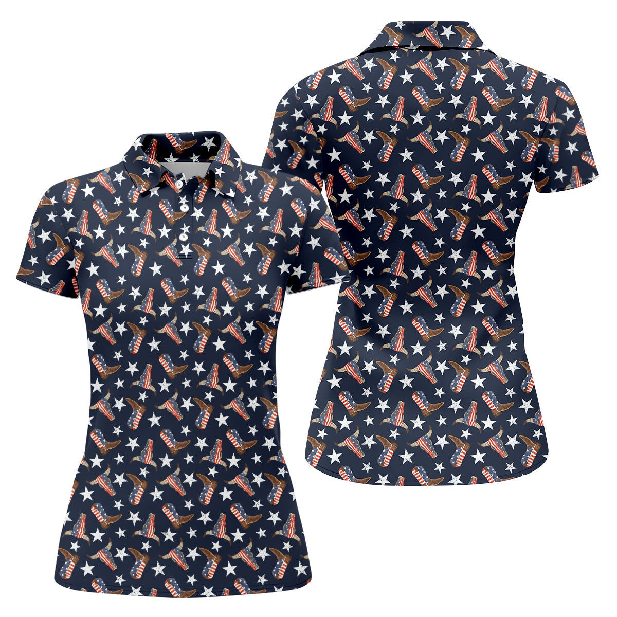 Patriotic Cowboy Boots Stars Pattern 4th Of July Golf Shirt, 250th Anniversary Golf Shirt For Women