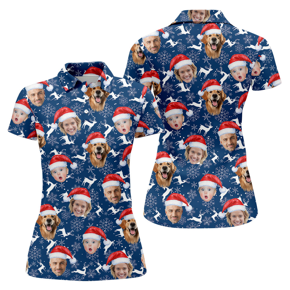 Custom Face Reindeer Pattern Navy Golf Shirt, Christmas Golf Shirt, Women's Golf Tops, Golf Gift For Ladies