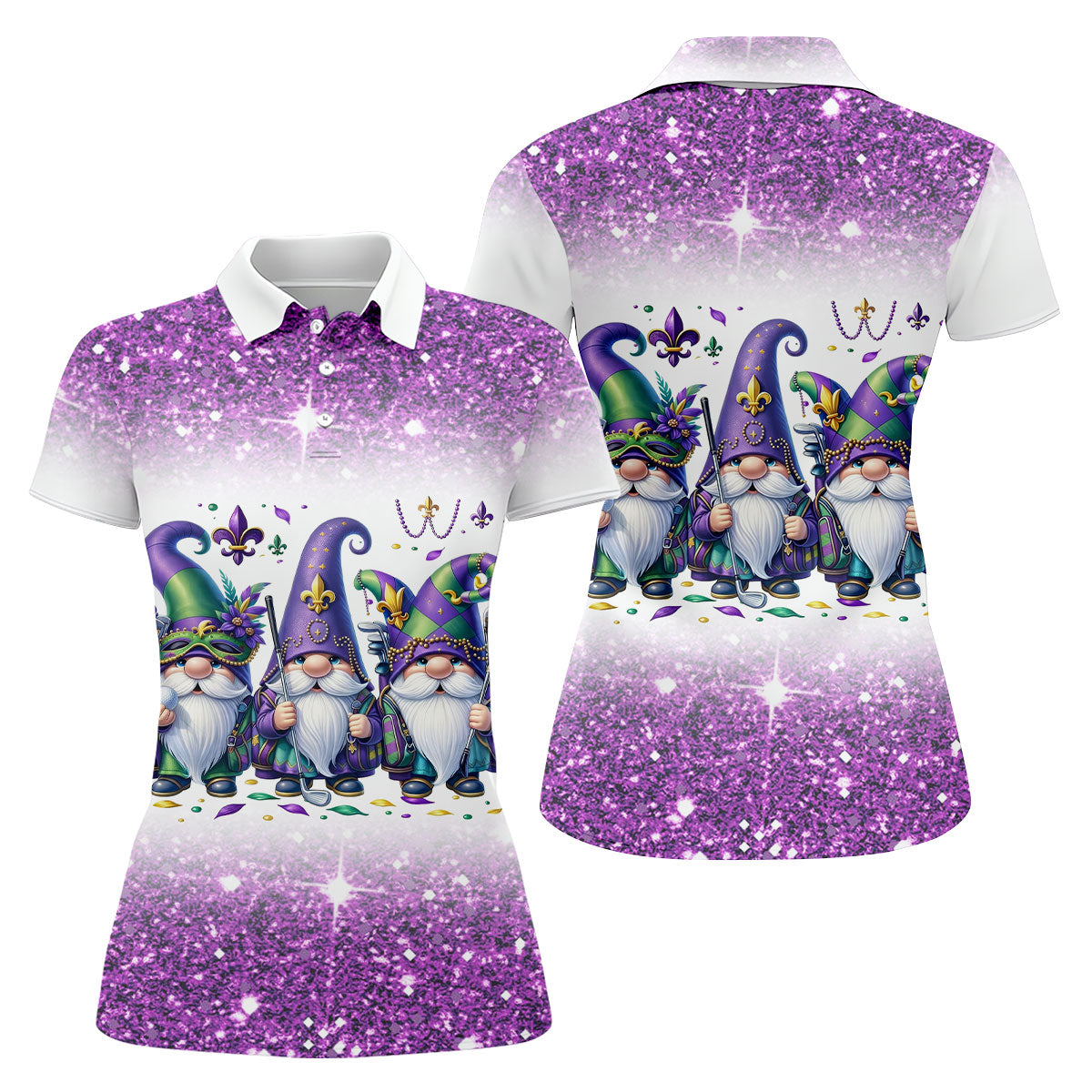 Mardi Gras Gnomes Fleur De Lis Glitter Effect Ladies Golf Tops, Women's Golf Shirts, Ladies Golf Polos