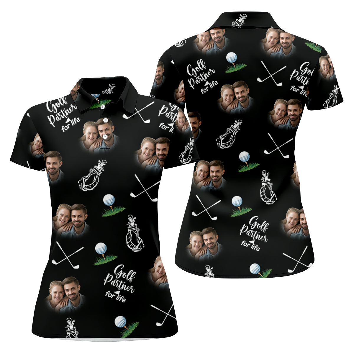 Golf Partner For Life Custom Photo Black Women Golf Top, Valentines Golf Gift, Ladies Golf Polos