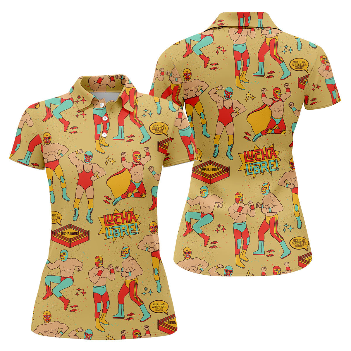 Yellow Lucha Libre Mexican Wrestler Pattern Golf Shirt, Hawaiian Golf Shirt, Ladies Golf Tops