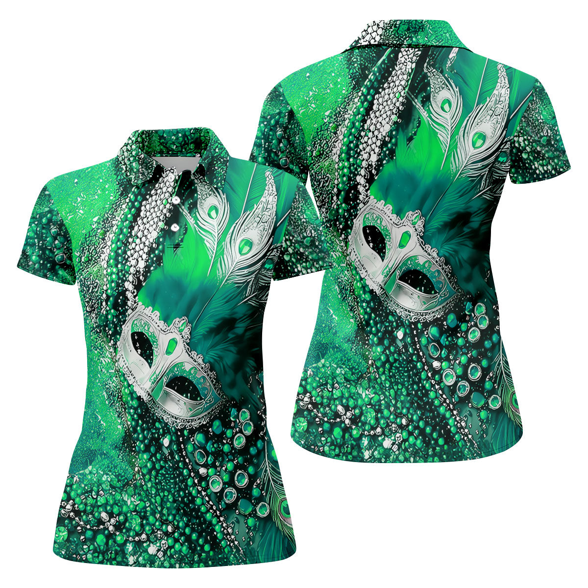 Mardi Gras Masquerade Mask Feather Beads Green Golf Shirt, Women's Golf Tops, Ladies Golf Polos