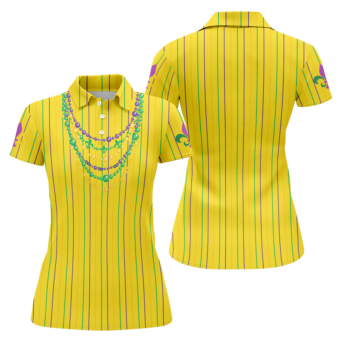 Mardi Gras Beads Necklaces Print Yellow Golf Shirt, Women's Golf Shirts, Ladies Golf Polos, Golf Shirt For Women