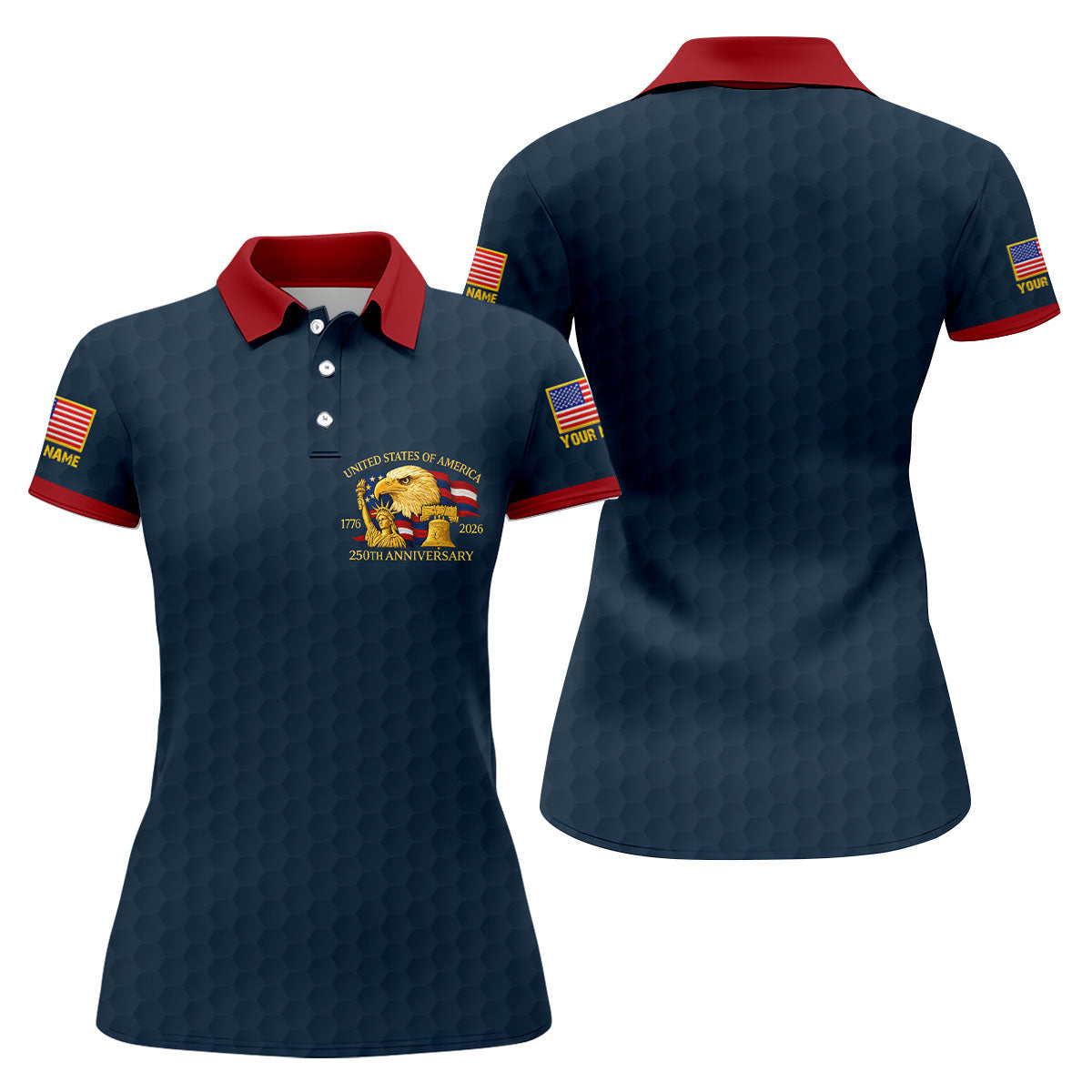 United States 250th Anniversary Patriotic Eagle Navy Custom Golf Shirts, 4th Of July Golf Shirt For Women