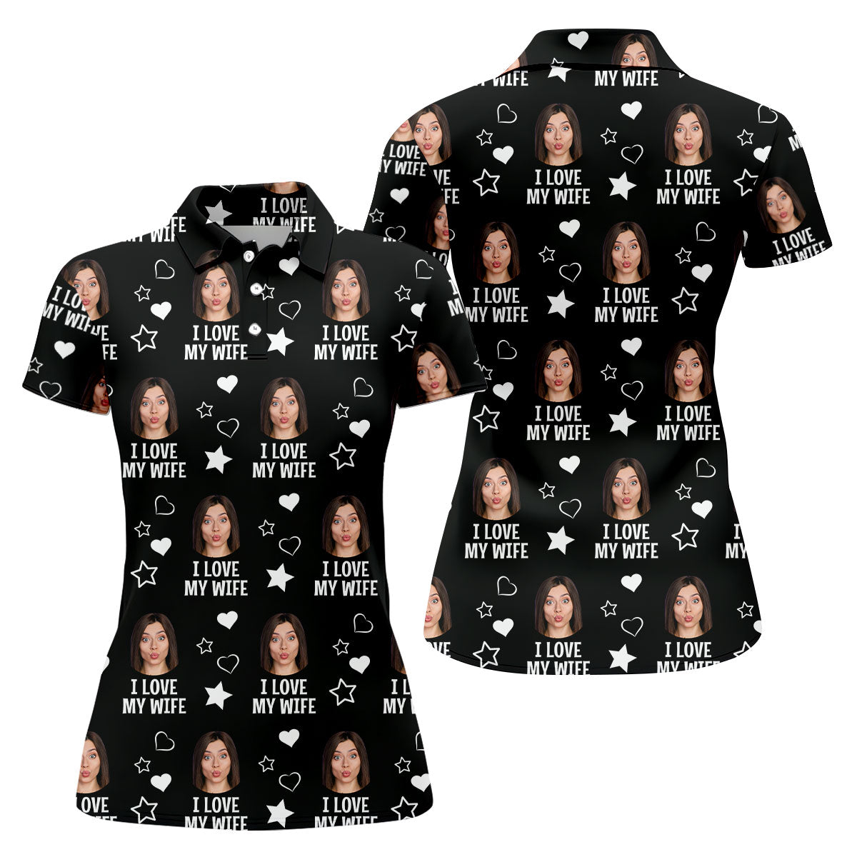 I Love My Husband Custom Face Black Golf Shirt, Fun Women's Golf Shirts, Valentines Golf Gift, Ladies Golf Shirts