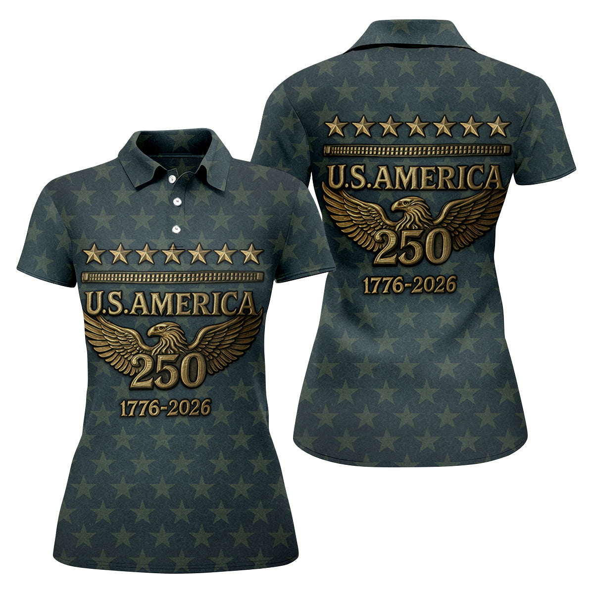 US America 250th Anniversary Denim Color Star Pattern Women's Golf Tops, Patriotic Golf Shirt, Ladies Golf Shirts