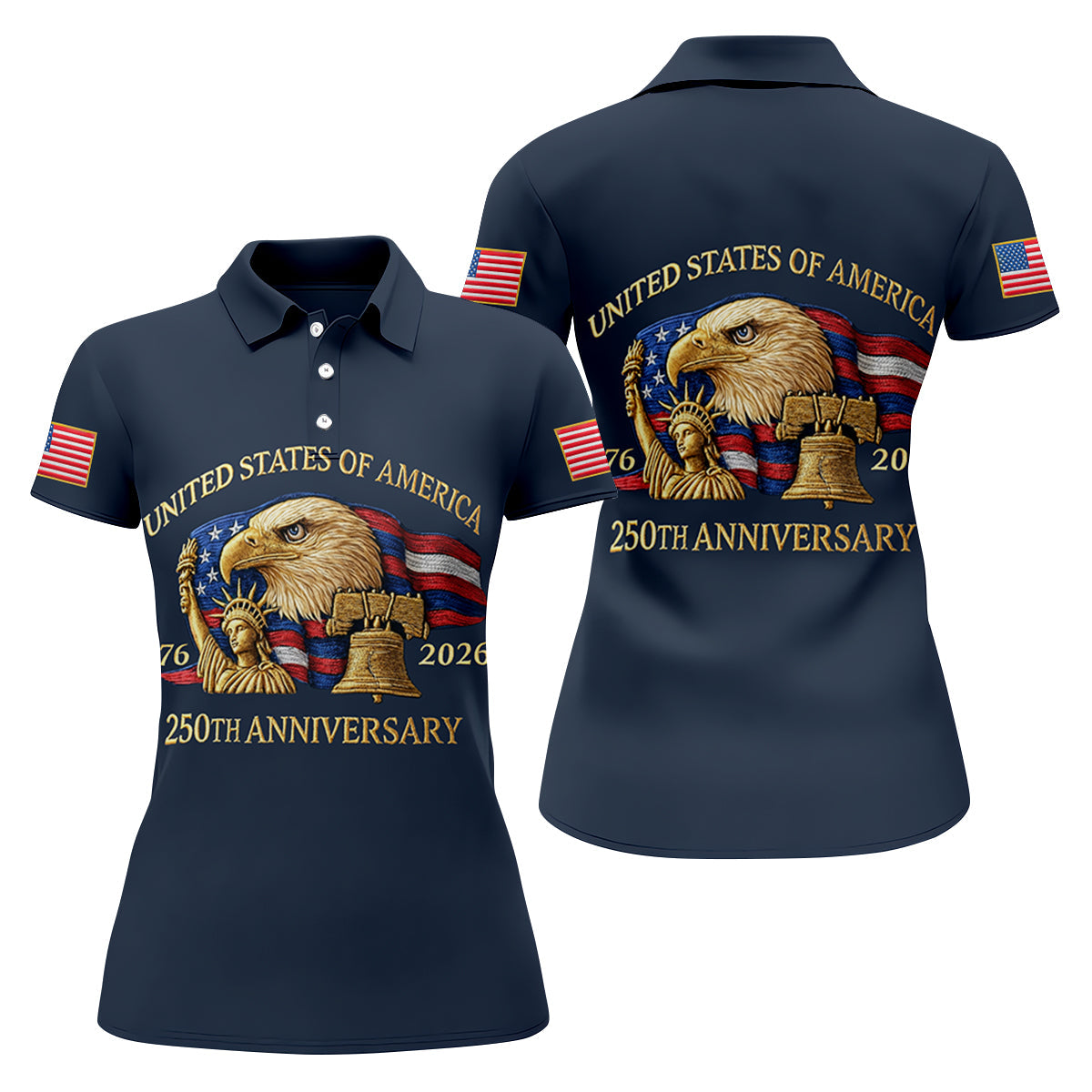 US America 250th Anniversary Patriot Eagle Embroidery Effect Women's Golf Tops, Patriotic Golf Shirt