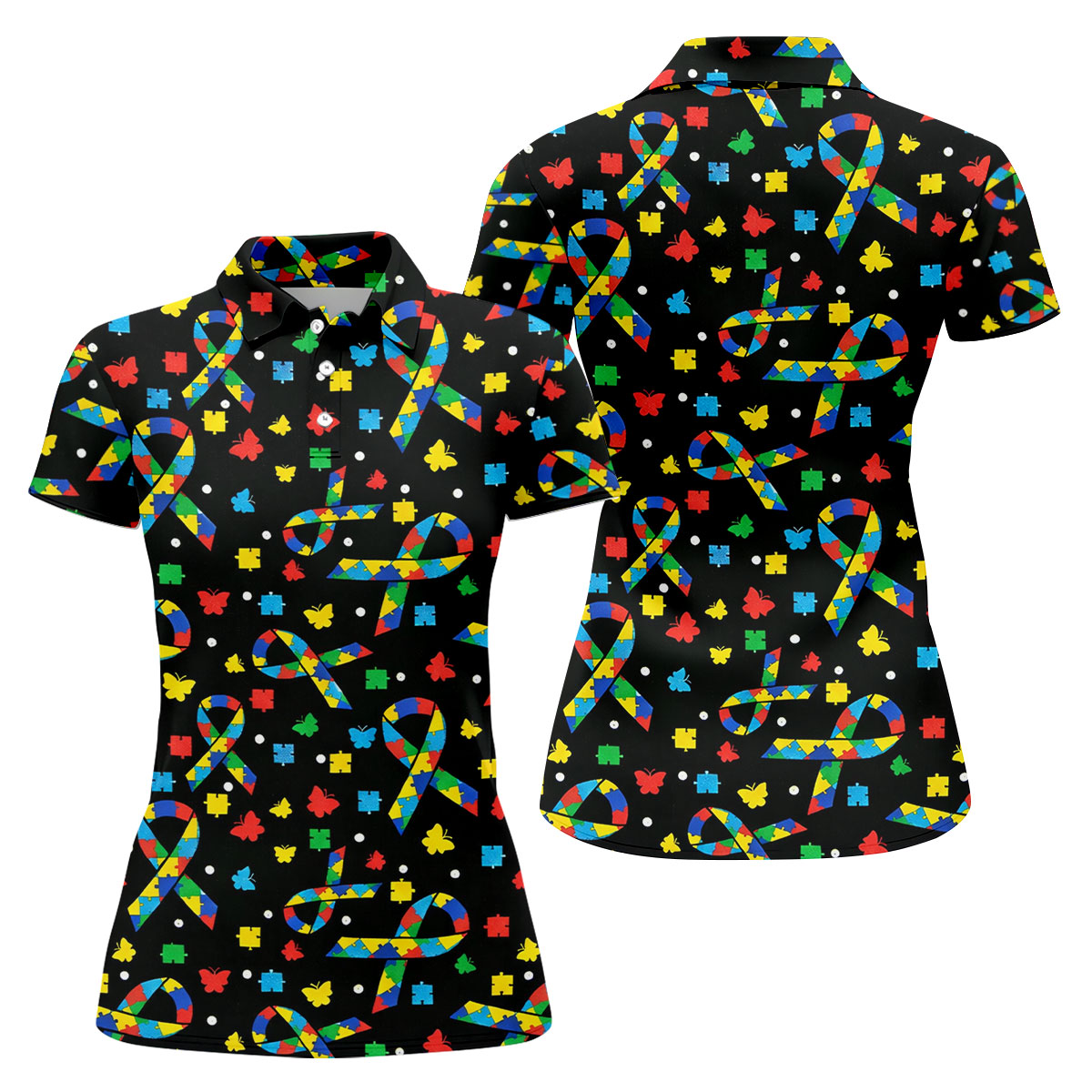 Autism Awareness Ribbon Colorful Butterflies Black Golf Shirt, Golf Shirt For Women, Ladies Golf Shirts