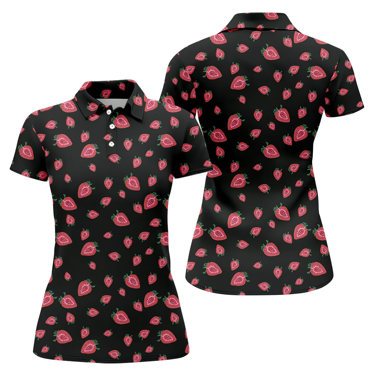 Strawberry Slice Black Golf Shirt, Golf Polo For Women, Women's Golf Shirt, Hawaiian Golf Shirt