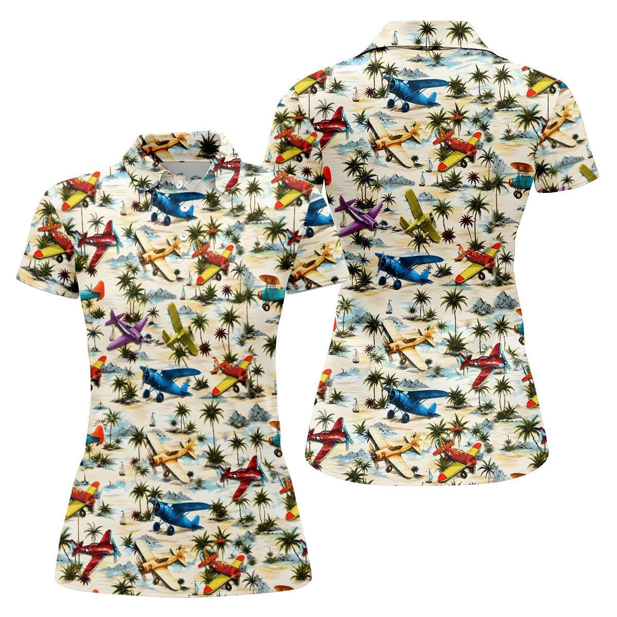 Vintage Airplane Hawaiian Golf Shirt, Tropical Aircraft Pattern, Polo Shirts For Women