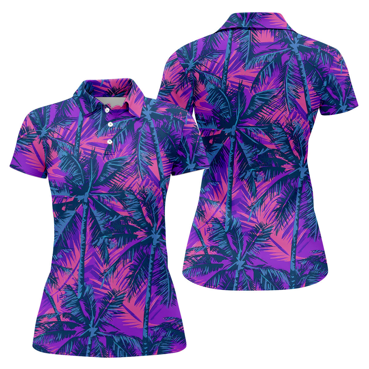 Purple Pink Tropical Palm Trees Golf Shirt, Golf Polo For Women, Printed Golf Shirt