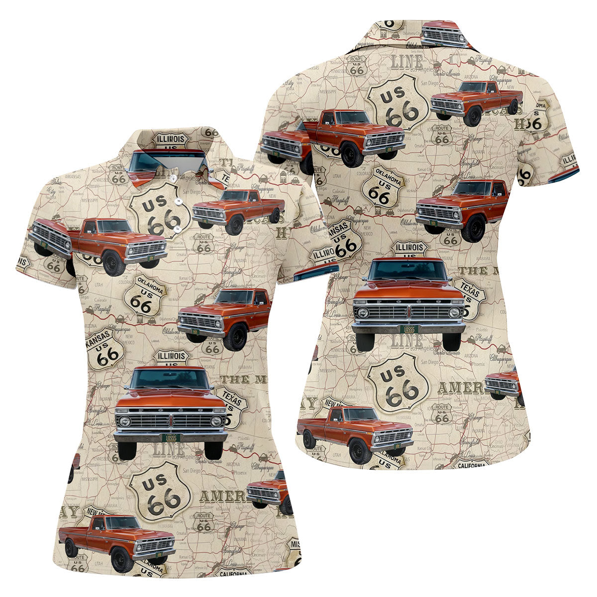 Custom Photo Truck Golf Shirt, Vintage Pickup Route 66 Map Pattern, Golf Shirt For Women