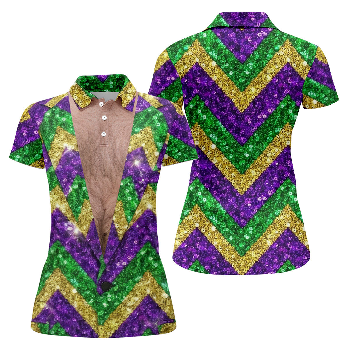 Mardi Gras Purple Green Gold Printed Sequin Zigzag Pattern Women's Golf Tops, Fun Women's Golf Shirts